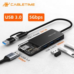 Hubs CABLETIME 4 in 1 USB A C to USB 3.0 HUB 5Gbps Speed Transparent Design Icon Engraved GL3510 Chip for Laptop USB C Device C460