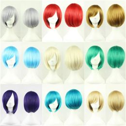 WoodFestival Synthetic Hair Short Bob Wig With Bangs Cosplay Wigs Women Straight Blue Black Pink Green Red Purple Silver Blonde