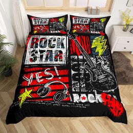 Rock Roll Music King Queen Bedding Set Headset and Guitar Duvet Cover Punk Graffiti Style Quilt Cover Polyester Comforter Cover