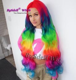 Long 40inches Mermaid Color front lace Wig Synthetic Rainbow Color Hair Lace Front Wigs Red Blue Ombre Yellow green Color Loose Cu8215803