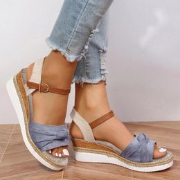 Sandals Contrasting Colours Wedges Buckle Slope Ankle Strap Straw Bottom Leather Plush Women Comfortable Beach Dress Shoes