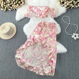 Women Elegant Floral Skirt Set Slash Nech Female Crop Top Irregular Midi Casual Suits 240319
