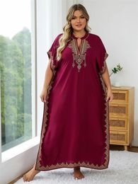 Plus Size Summer Bohemian Embroidery Sexy V Neck Kaftan Long Dress Tunic Women Clothing Beachwear Maxi Dresses Q1545 240410