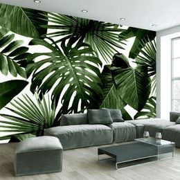 3D Self-Adhesive Waterproof Canvas Mural Wallpaper Modern Green Leaf Tropical Rain Forest Plant Murals Bedroom 3D Wall Stickers303P