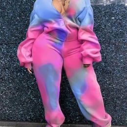 LW Plus Size Two pieces set Hooded Collar Tie Dye Oversized Tracksuit Set Autumn winter warm 2pcs set casual Hooded Tracksui 240321
