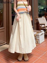 Skirts Spring Summer Long Women A-Line Japanese Loose Ruffle Pleated Ladies Elastic High Waist Fashion Woman