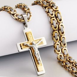 Religious Men Stainless Steel Crucifix Cross Pendant Necklace Heavy Byzantine Chain Necklaces Jesus Christ Holy Jewelry Gifts Q112234T