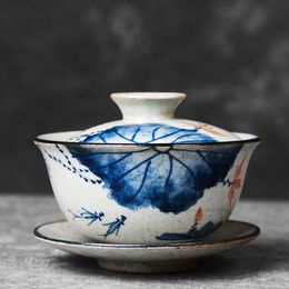 Hand Painted Lotus Gaiwan For Tea Pottery Tureen With Lid Teaware Kung Fu Tea Ceremony Set Coffee Cups Tea Bowls Fish Chawan