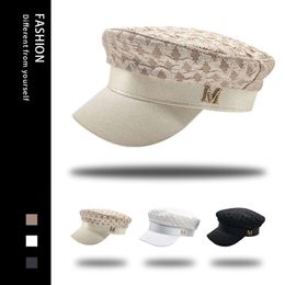 New M-label Seersucker Beret for Women in Winter, Small Fragrance, Navy Hat, British Versatile Letter Painter Hat