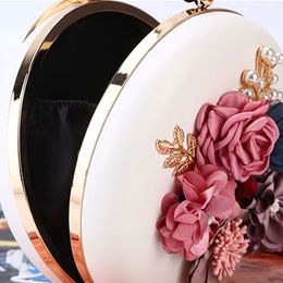 2022 Women Evening Day Dinner Bag Handmade Flowers Pearl Round Shaped Clutches Lady Handbag Wedding Purse Chain Shoulder Bags