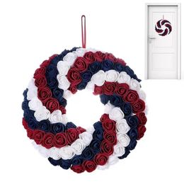 Decorative Flowers American Patriotic Independence Day Wreath Artificial Blue White Red Flower Hanging Garland For 4th July Door Decoration