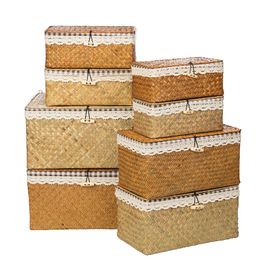 Wicker Basket with Lids Nautral Seagrass Storage Box Basket Woven Rectangular Bins Container Rattan Storage Kitchen Organiser