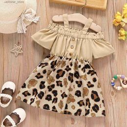 Girl's Dresses Baby Girl Cold Shoulder Short-sleeve Solid Leopard Print Spliced Dress L47