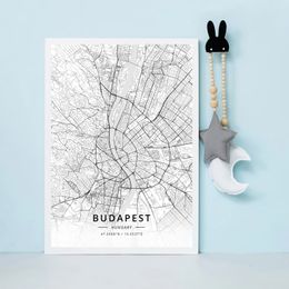 Budapest City Map Black and White Print Wall Art Canvas Painting Poster living room Home Decor