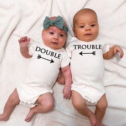 Newborn Baby Bodysuits Double Trouble Twin Kids Unisex Short Sleeve Rompers Playsuits Outfits Boys Girls Born Crawling Clothing