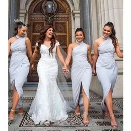 Designer Dusty Blue Bridesmaid Dresses High Neckline Ruched Sleeveless Mermaid Ankle Length Plus Size Maid Of Honour Gown Country Wedding Front Slit 403 2024