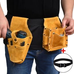 Cowhide Wearable Waist Pack Electric Drill Bag Screws Nails Drill Bit Metal Parts Fishing Travel Tool Storage Bags With Belt