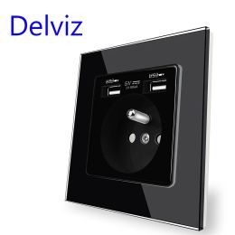 Delviz France Standard Outlet, Toughened glass panel,5V 2100mA Double usb security charging interface, 16A Wall Power USB Socket