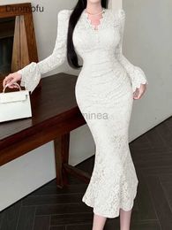 Urban Sexy Dresses Duomofu White Mermaid Dress Women Elegant Flare Sleeve V Neck Lace Long Dress Female Autumn Fashion Bodycon Evening Party Dress 24410