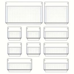 10Piece Versatile Drawer Organiser Set Clear Plastic Trays and Dividers in 4 Sizes for Perfect Makeup Kitchen Storage 240402
