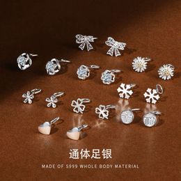 S999 All Body Pure Silver Plain Earrings Korean Version Small and Delicate Womens Simple Ear Hole Care Trendy Curved Hook Earring Accessories