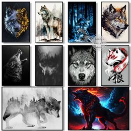 Watercolor Wolves In The Forest Mountain Wolf Animal Landscape Art Poster Canvas Painting Wall Print Picture for Room Home Decor
