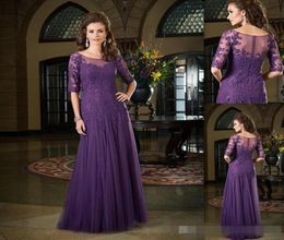 Mother Bride Evening Dresses Half Sleeves Dark Purple Prom Dress Of The Groom Tulle Applique Lace Sheer Neck Long Party Gown6631208
