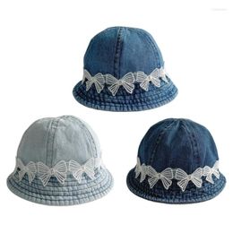 Berets Kids Embroidery Lace Bowtie Hat Summer Toddlers Sunshades Fisherman Adjust Neckstrap Fishing Headwear