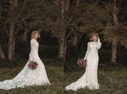 Elegant Lace Bohemian Long Sleeve Wedding Dresses 2019 Sheer Neck Full Back Floorlength Aline Country Bridal Dresses Cheap Gown4406440