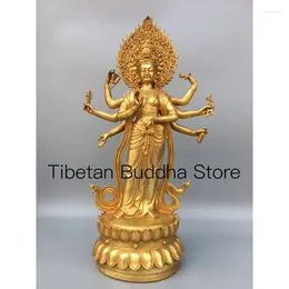 Decorative Figurines 41cm Tibetan Old Yellow Copper Gilded Pure Eight Armed Avalokitesvara Bodhisattva Lotus Tara Statue Ornament