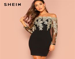 SHEIN Black Sexy Off the Shoulder Embroidered Mesh Bodice Bardot Bodycon Dress Women Long Sleeve Summer Going Out Party Dresses9006542