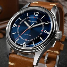 San Martin Pilot NH35 Automatic Mechanical Watch For Men 38.5mm Enamel Sunray Dial Sapphire Leather Strap 10Bar BGW-9 Blue Light