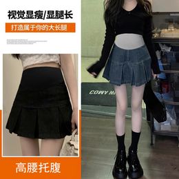 2024 Summer Pregnancy Denim Skirts High Waist Maternity Clothes Adjustable Waist Ruffles Patchwork Pregnant Woman Pleated Skirts