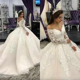 Underbara prinsessor snörsapplikationer bröllopsklänningar ren nacke långärmad bröllopsklänningar brudklänning vestido de novia