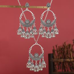 Vintage Ethnic Tassel Charm Pendant Earrings Set For Women Indian Gypsy Round Flower Necklace Retro Wedding Jewelry Set