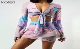 Fashion Sexy Mesh Patchwork Low Chest V Neck Bandage Top and Mini Skirt Two Piece Set For Women Autumn New Beach Wear3902380