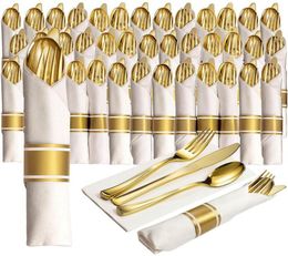 40 Pieces of PreRolled Golden Plastic Silverware Disposable Cutlery and Napkin Suitable for 10 People Dinner Party Wedding4336095