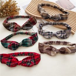 Women Christmas Grid Headband Plaid Print Headbands Vintage Cross Ear Bowknot Elastic Hairbands Xmas Bandanas Girls Hair Bands