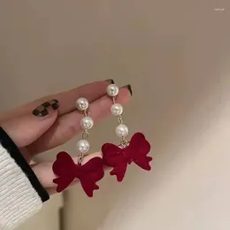 Dangle Earrings Pearls Red Bow For Women Flocking Vintage Luxury Earring Aesthetic Party Accessories 2024 In Fashion Jewellery