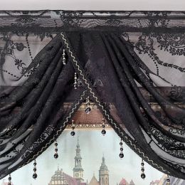 Black Lace Sheer Flower Valance Curtain Luxury Beaded Wavy Waterfall Scallop Curtain for Living Room Rod Pocket Top Window Drape