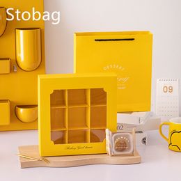 StoBag-Mooncake Packaging Box with Window Yellow Mid-Autumn Festival Baking Handbag Wedding Party Gift Candy Cake 5Pcs