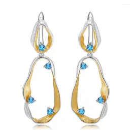 Dangle Earrings Natural Blue Topaz Gemstone Boho Fashion Gold Plated 925 Sterling Silver Jewelry Earring