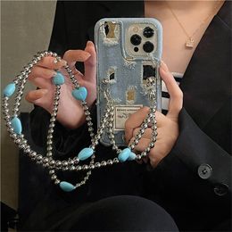 Korean Luxury Tassels Cowboy Mirror Face heart Crossbody Lanyard Bracelet Phone Case for iPhone 11 12 13 14 Pro Max Cover