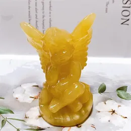 Decorative Figurines Natural Yellow Calcite Angel Crystal Carving Healing Birthday Present Energy Stone Fengshui Home Decoration Holiday