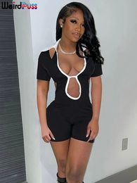Weird Puss Sexy Backless Romper Women Short Sleeve PoloNeck Bandage Stretch Fitness Playsuit Skinny Streetwear Hipster Overalls 240410