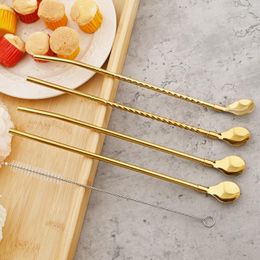 Drinking Straws Gold 18/10 Stainless Steel Straw Spoon Cocktail Milk Metal Reusable Bar Coffee Tea Stirring Accessory