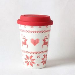 Mugs Christmas Ceramics Mug Red Reindeer Snowflake Water Bottle Cup With Silicone Cover Lid Tea Coffee Cups And