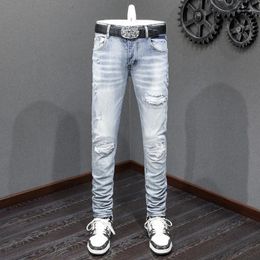 Men's Jeans High Street Fashion Men Jean Retro Light Blue Stretch Skinny Fit Ripped Leather Patched Designer Hip Hop Brand Pants