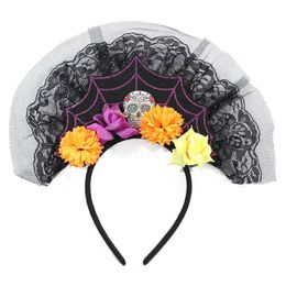 Women Mexican Simulated Rose Flower Crown Lace Headband Day of The Dead Halloween Headpiece Colorful Fake Stamen Party Hair Hoop