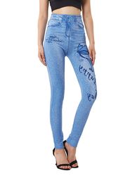 CUHAKCI Butterfly Print Fake Letter Jeans Stretchy Leggings Plus Size Women Pants Casual High Waist Casual Denim Trouses